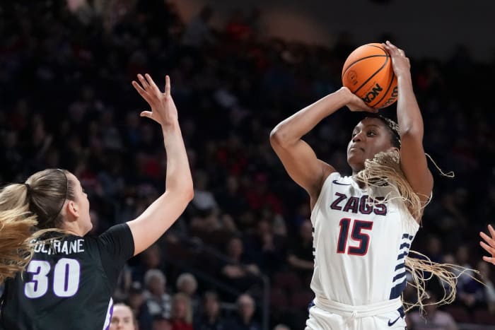 Gonzaga Bulldogs forward Yvonne Ejim (15) shoots the basketball against Portland Pilots forward Lucy Cochrane (30) during the second half in the finals of the WCC Basketball Championship at Orleans Arena on March 12, 2024.